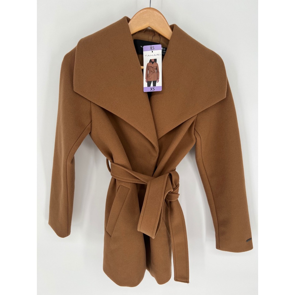 TAHARI Wrap Coat Women XS Tan Water Resistant Belted Snap Closure NWT